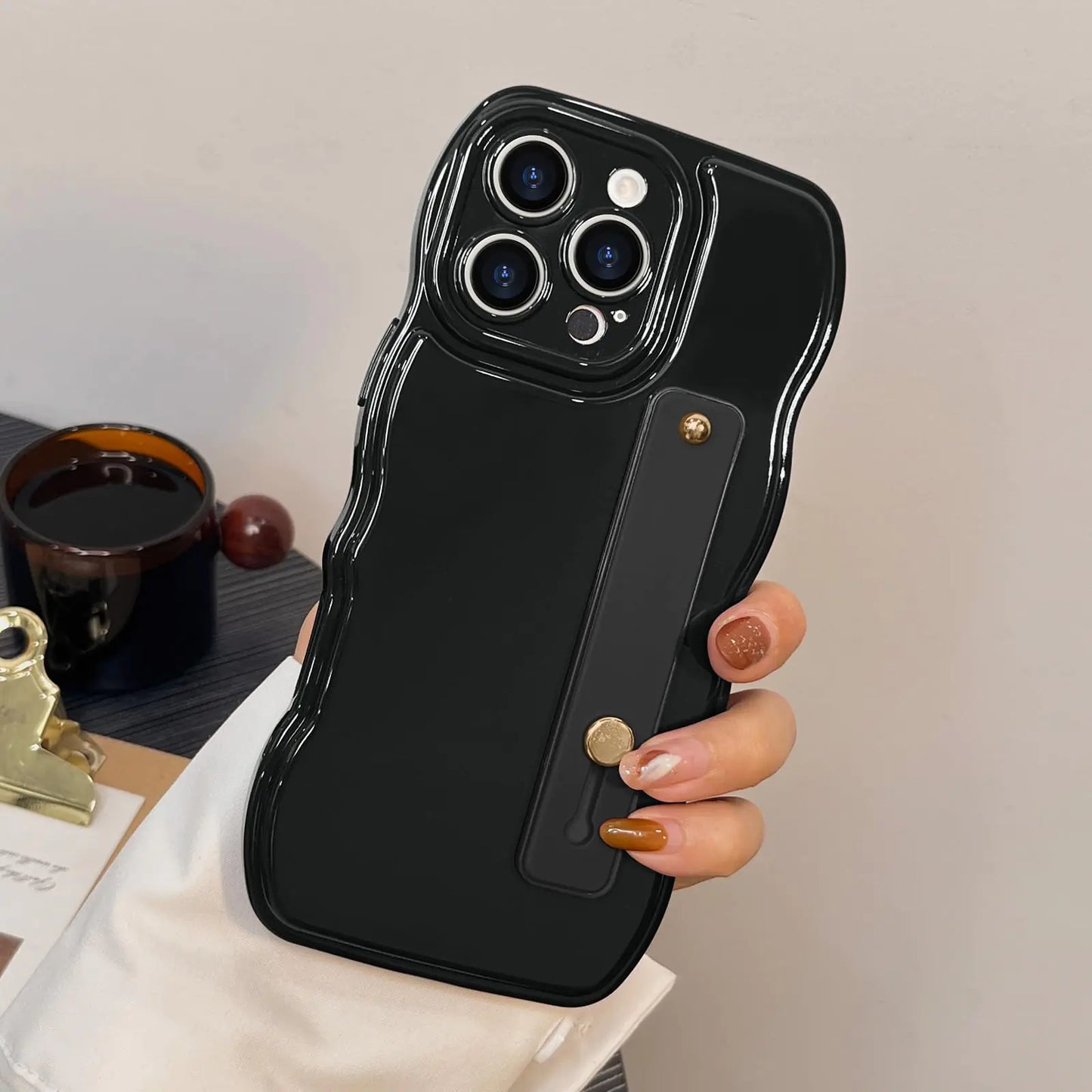 for iPhone 16 Pro Max Case for Women Girls,Simple Curly Wave Frame Design Soft Silicone Loopy Phone Case with Adjustable Wrist Strap Kickstand for iPhone 16 Pro Max Protective Case,Wine Red