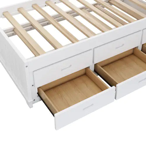Solid Pine Captain Bookcase Bed With Trundle Bed And 3 Spacious Under Bed Drawers In Casual,Full, White Walnut WEM Support (www.WEM.support)