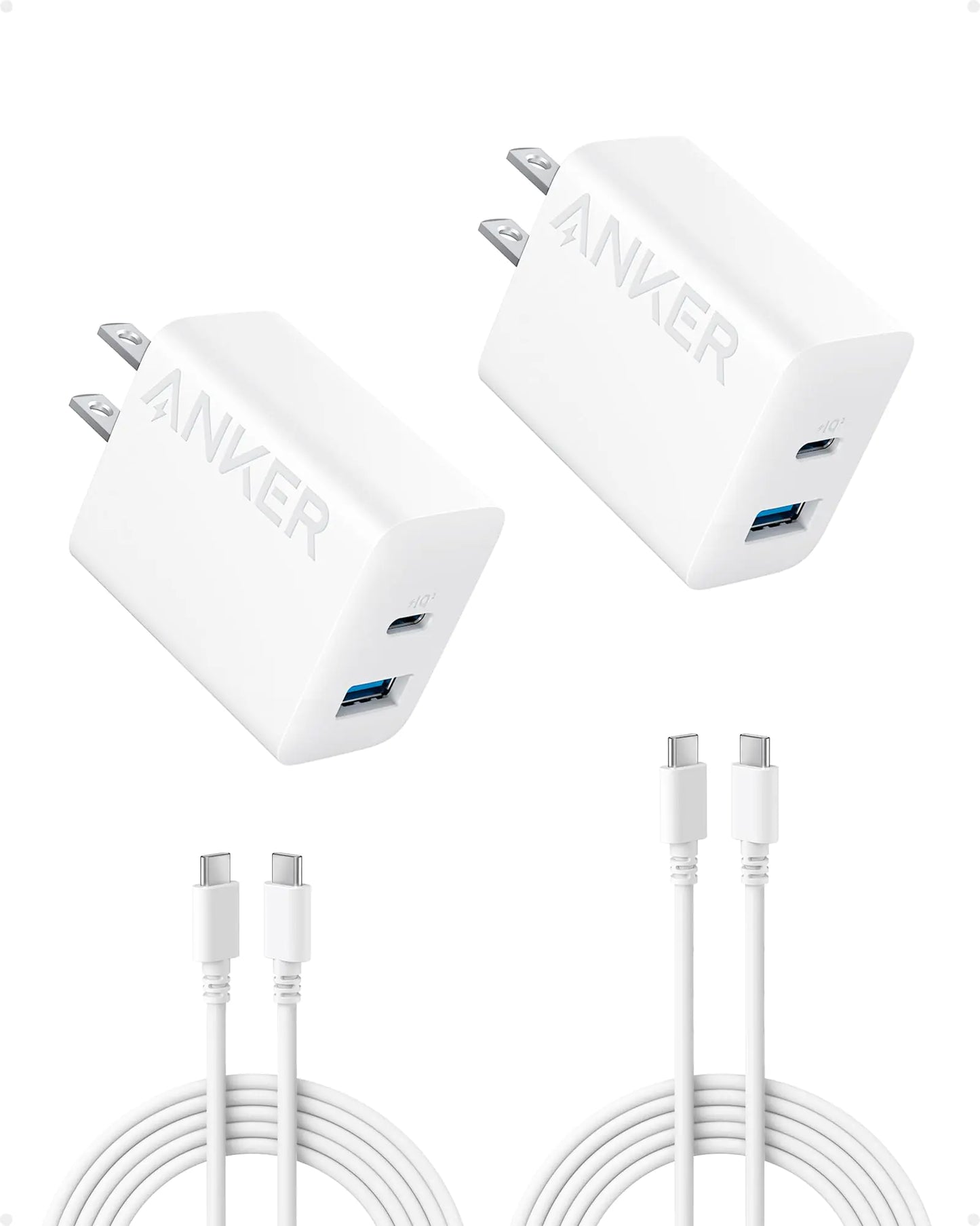 Two white Anker USB-C wall chargers with a dual port design, displayed against a white background.