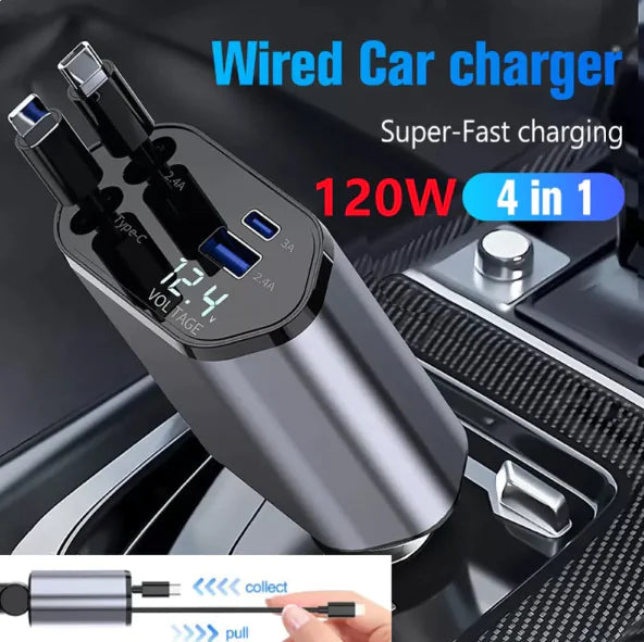 120W Retractable Car Charger with USB & Type-C Fast Charging Cables WEM Support (www.WEM.support)
