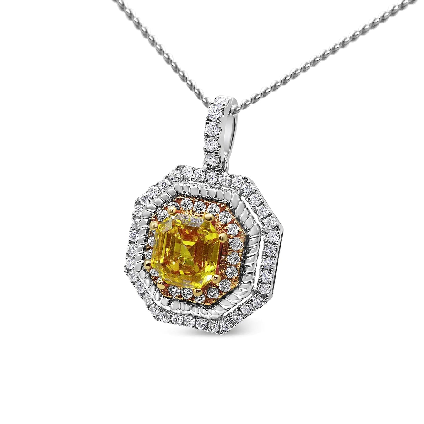 18K White and Yellow Gold 2 1/4 Cttw Lab Grown Yellow Asscher Cut Diamond Art Deco Style Halo 18" Pendant Necklace (Yellow/G-H Color, VS1-VS2 Clarity) WEM Support (www.WEM.support)