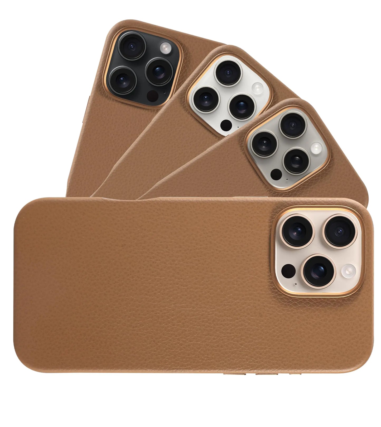 A blue leather phone case for iPhone 16 Pro Max, displayed from multiple angles showing the front, back, and side.