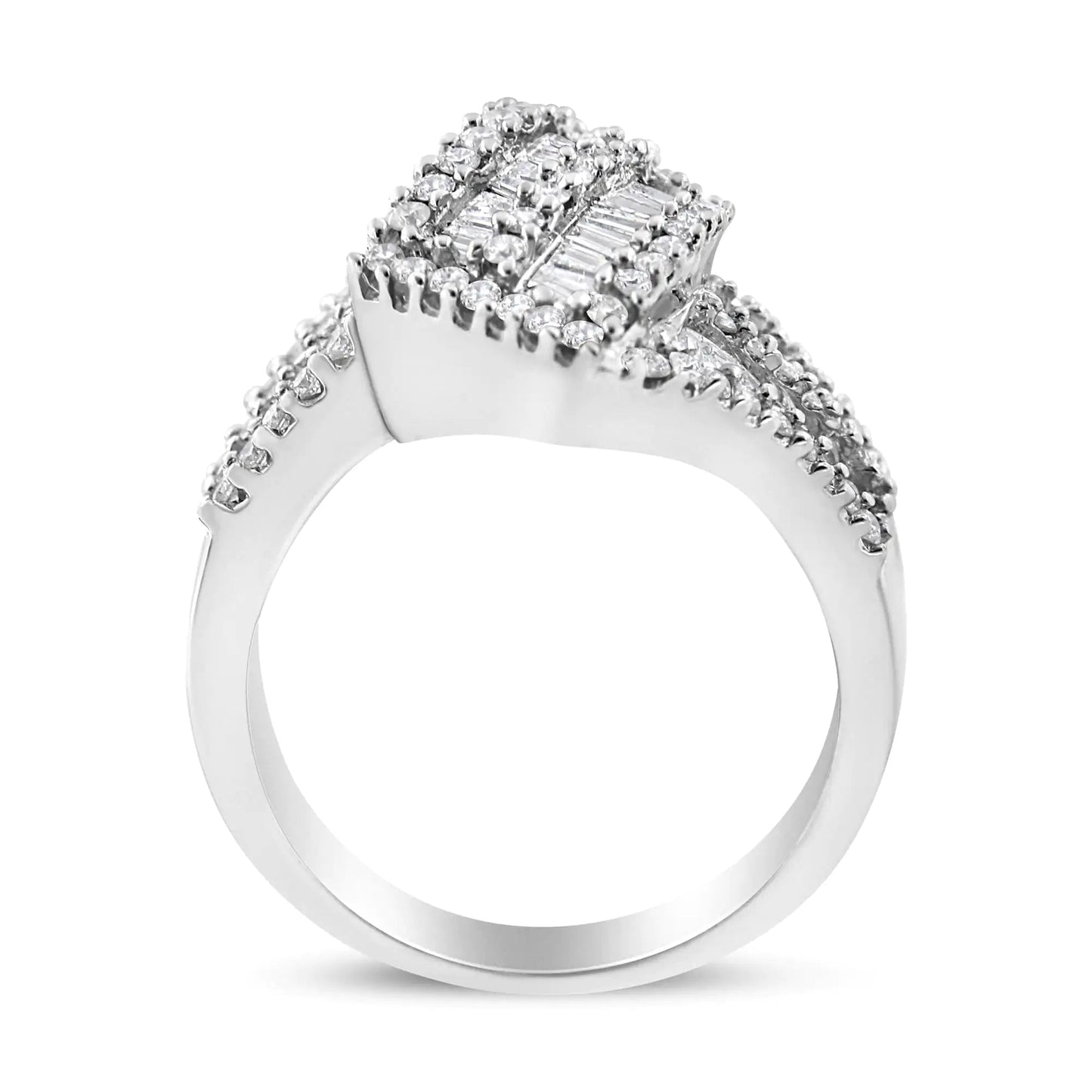 14K White Gold 1-1/2 Cttw Round and Baguette Diamond Bypass Cocktail Ring Band (H-I Color, SI1-SI2 Clarity) WEM Support (www.WEM.support)