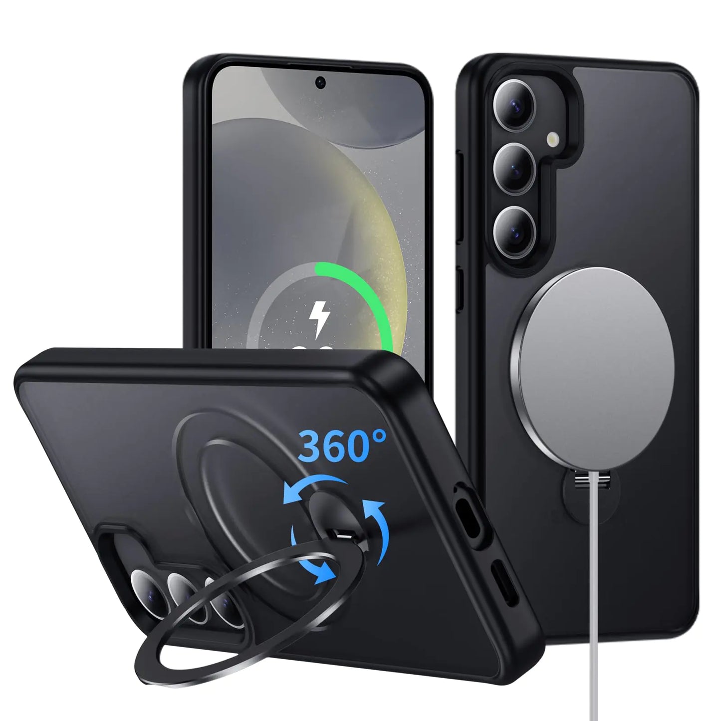 A black Samsung Galaxy S24 case with a 360° rotatable magnetic ring stand for wireless charging, displayed in a way that shows the front, back, and side views.
