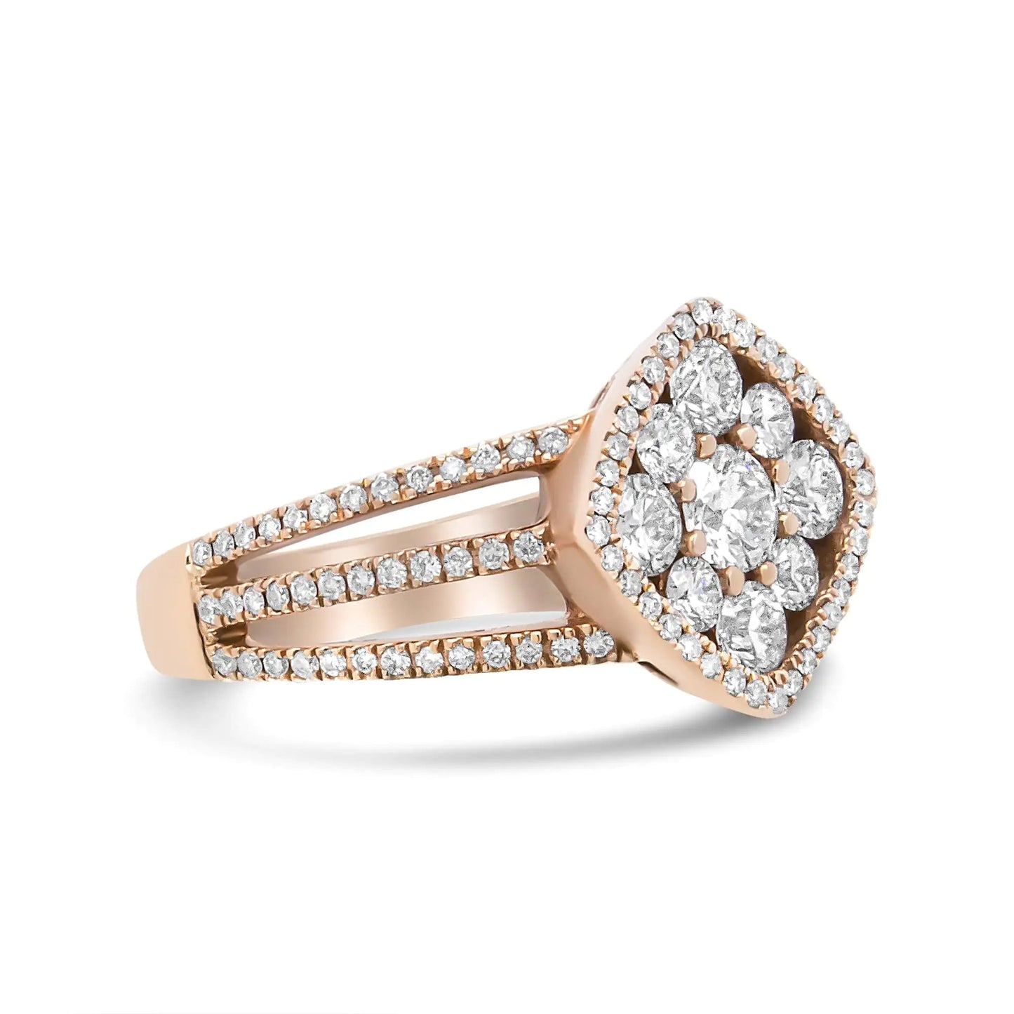 18K Rose Gold 1 1/4 Cttw Diamond Halo Cluster Split Shank Ring Band (F-G Color, VS1-VS2 Clarity) WEM Support (www.WEM.support)