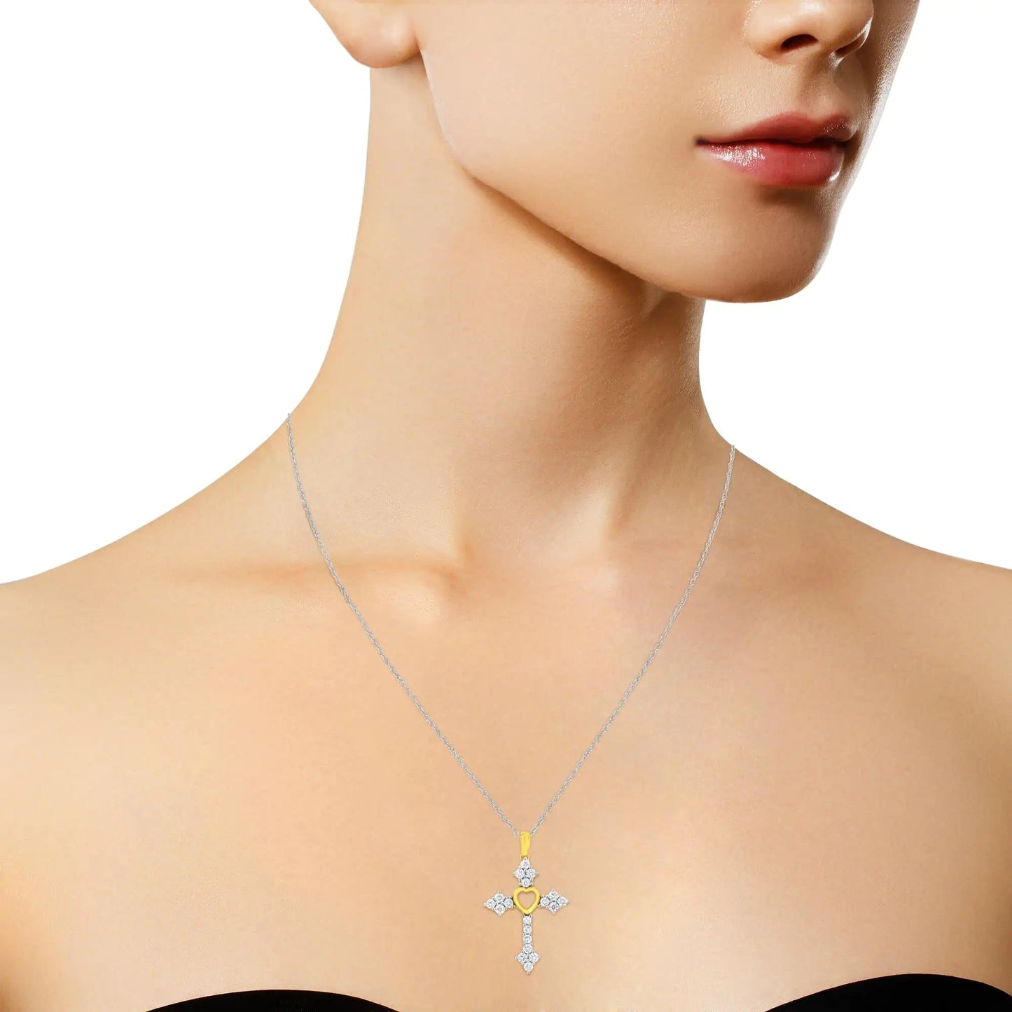 10k Yellow Gold Plated Sterling Silver 3/4 cttw Lab Grown Diamond Cross Pendant Necklace (F-G Color, VS2-SI1 Clarity) WEM Support (www.WEM.support)