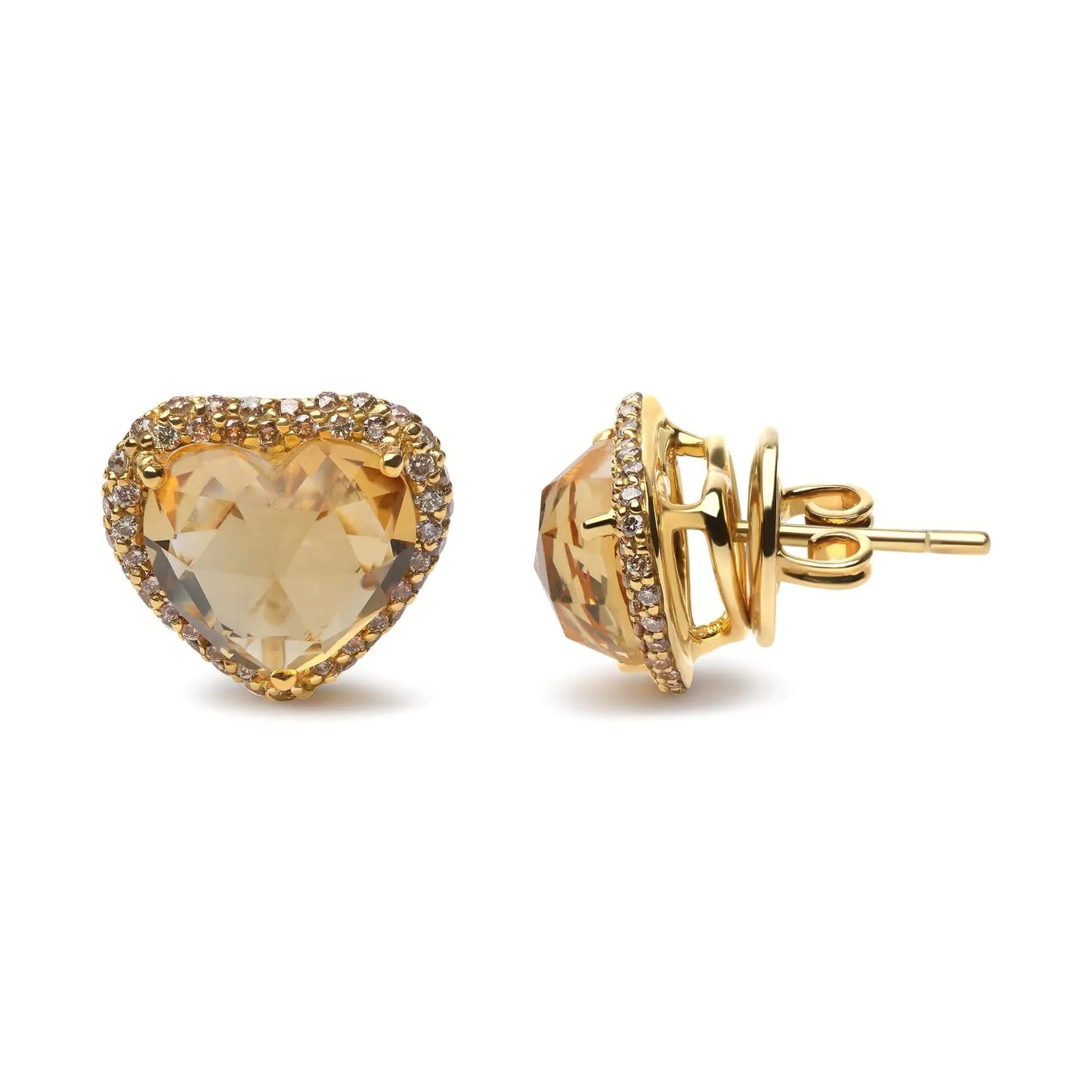 18K Yellow Gold 2/3 Cttw Brown Diamonds and 11x11mm Heart-Cut Yellow Citrine Gemstone Halo Heart Stud Earrings (Brown Color, SI1-SI2 Clarity) WEM Support (www.WEM.support)