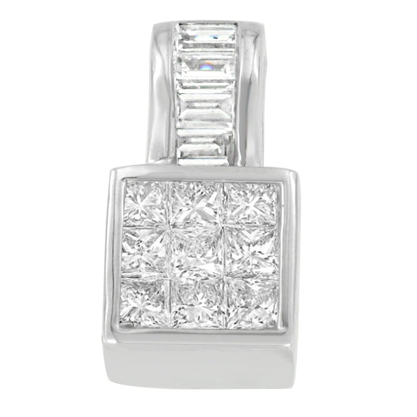 14K White Gold Princess and Baguette Cut Diamond Square Halo Pendant Necklace (1 1/2 cttw, H-I Color, SI1-SI2 Clarity) WEM Support (www.WEM.support)