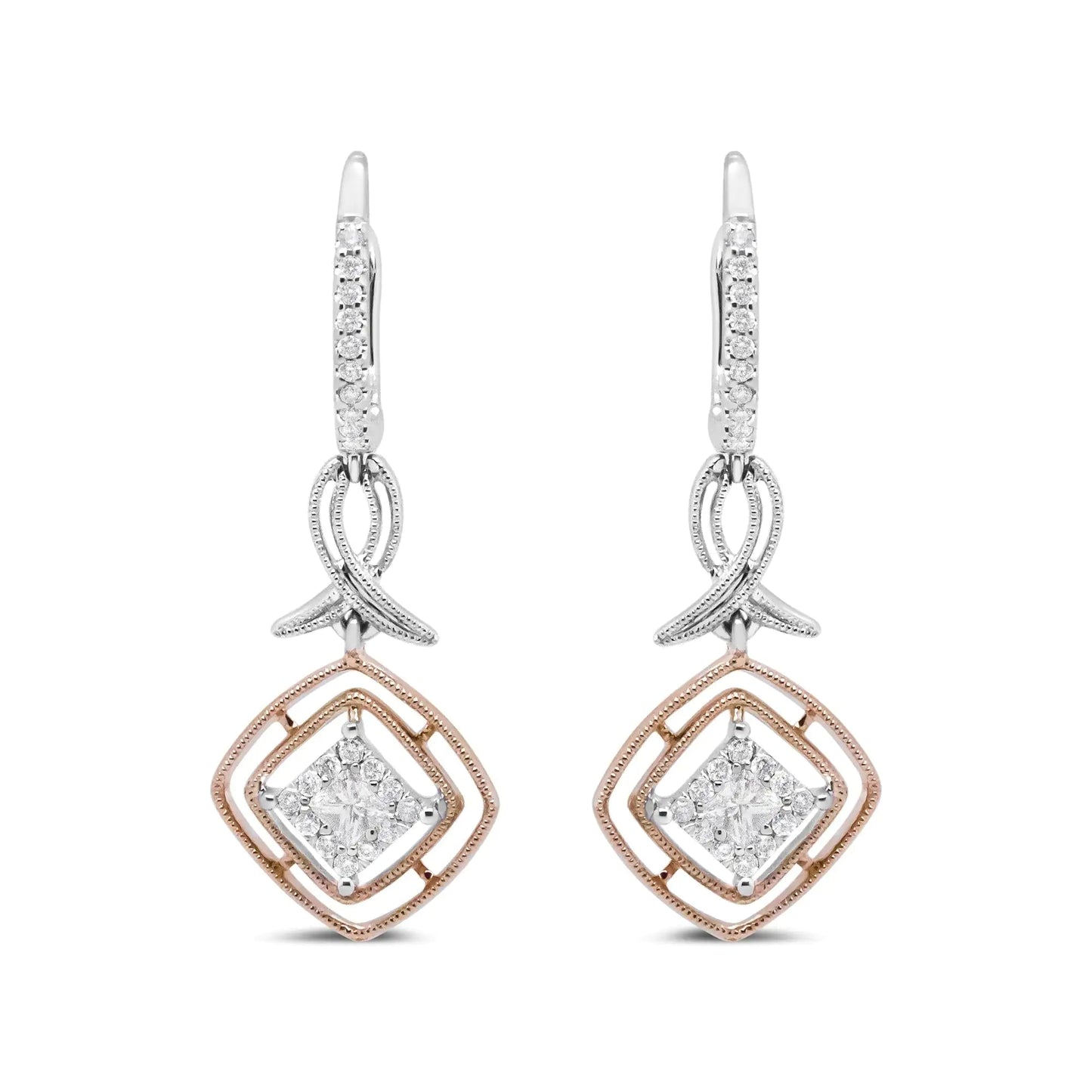 14K White and Rose Gold 1/2 Cttw Round and Princess-Cut Diamond Openwork Marquise Ribbon Dangle Earring (G-H Color, SI2-I1 Clarity) WEM Support (www.WEM.support)