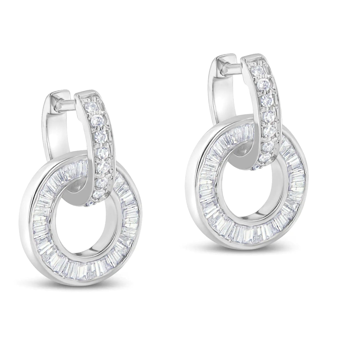 14k White Gold Round and Baguette Cut Diamond Earrings (1 cttw, G-H Color, SI1-SI2 Clarity) WEM Support (www.WEM.support)