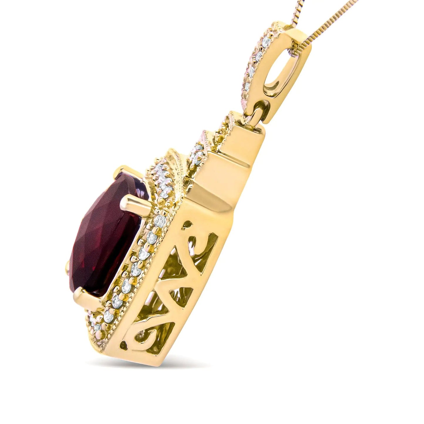 14K Yellow Gold 1/5 Cttw Round Diamond and 9x7mm Cushion Cut Red Garnet Halo 18" Pendant Necklace (H-I Color, VS1-VS2 Clarity) WEM Support (www.WEM.support)