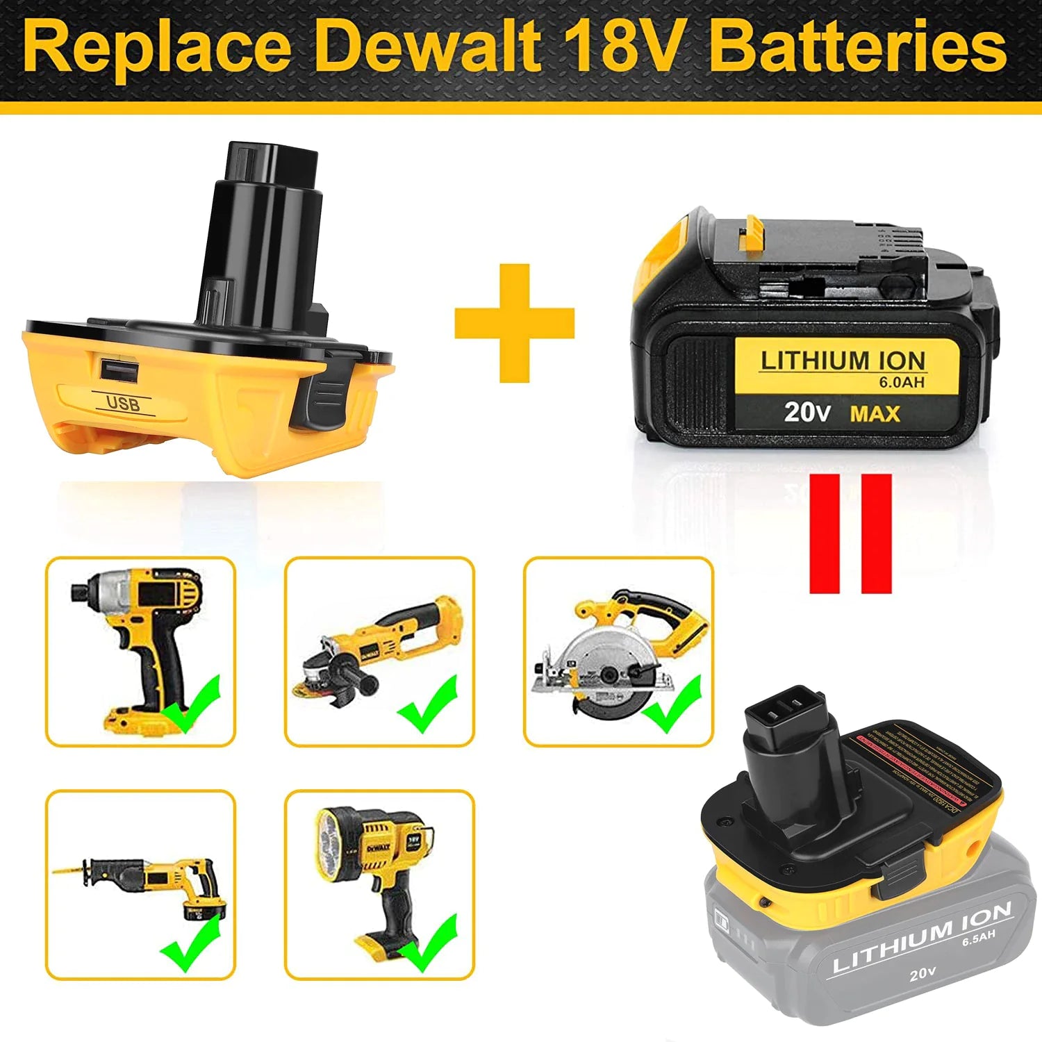 2X 18V To 20V MAX DCA1820 Adapter Converter For DEWALT 20 Volt Li-ion Battery WEM Support (www.WEM.support)