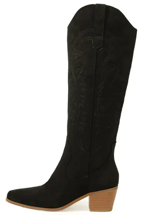 Chunky Heel Knee-high Embroidery Slip-on Middle Boots WEM Support (www.WEM.support)