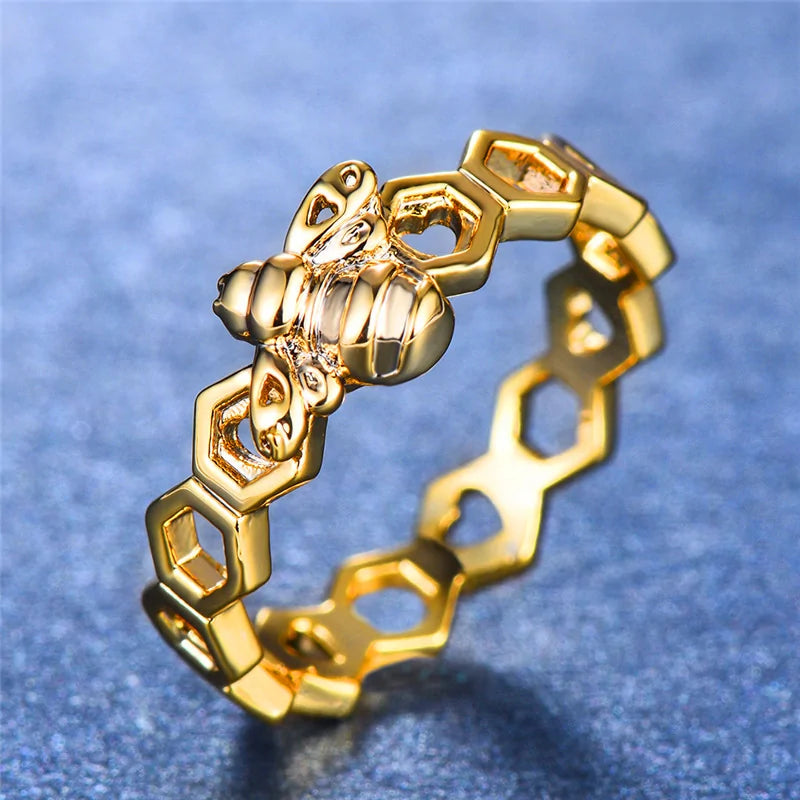 Gold and Rose Gold Colored Honeycomb Ring with Bee Accent WEM Support (www.WEM.support)