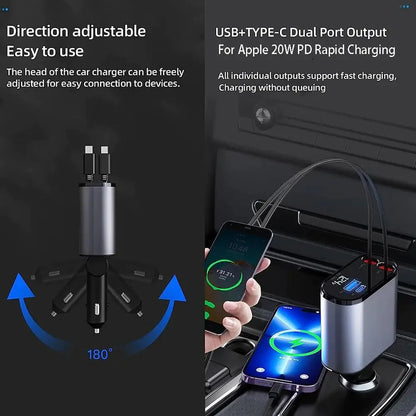 Retractable Car Charger 4 in 1 Fast Charging WEM Support (www.WEM.support)