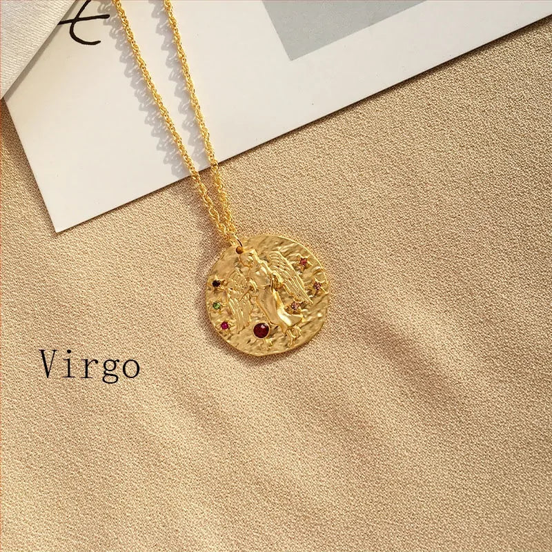 Gold Coin Disk Pendant Zodiac Necklace WEM Support (www.WEM.support)
