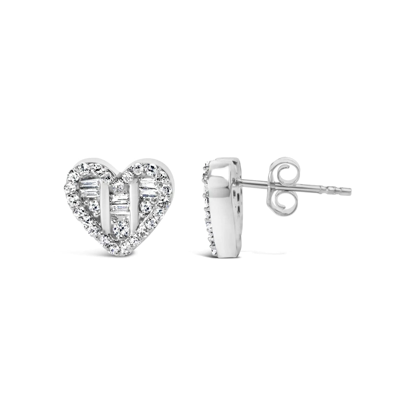 .925 Sterling Silver 1/2 Cttw Round and Baguette Diamond Composite Heart Shaped Stud Earring (I-J Color, SI2-I1 Clarity) WEM Support (www.WEM.support)