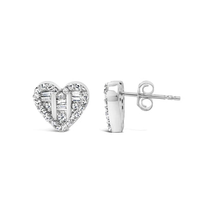 .925 Sterling Silver 1/2 Cttw Round and Baguette Diamond Composite Heart Shaped Stud Earring (I-J Color, SI2-I1 Clarity) WEM Support (www.WEM.support)