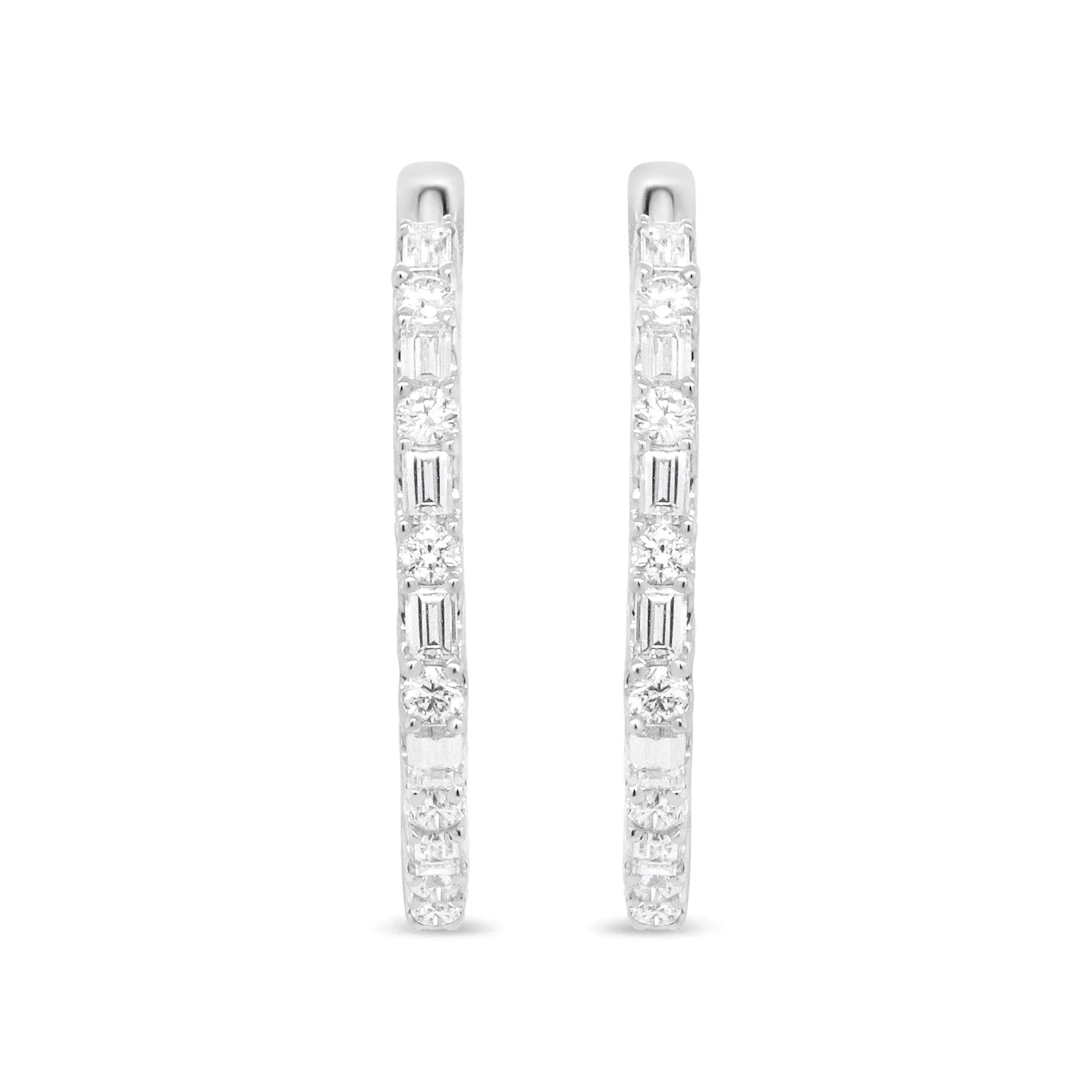 14K White Gold 1 3/4 Cttw Round and Baguette Diamond Hoop Earrings - (H-I Color, SI2-I1 Clarity) WEM Support (www.WEM.support)