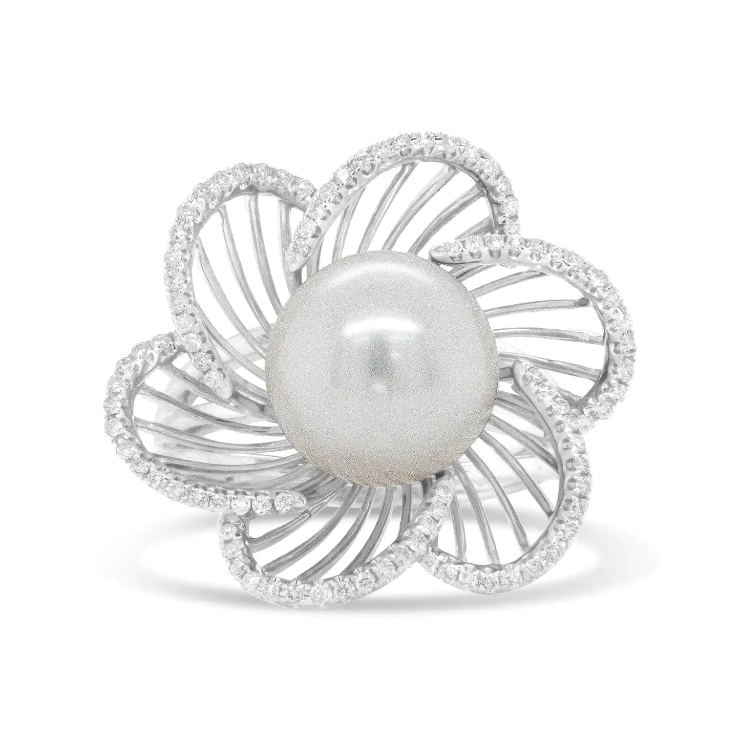 14K White Gold 11mm Round Pearl and 1/3 Cttw Round Diamond Openwork Flower Blossom Ring (H-I Color, VS1-VS2 Clarity) WEM Support (www.WEM.support)