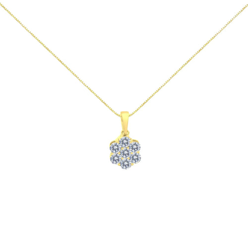 10K Yellow Gold Plated .925 Sterling Silver 1.0 Cttw Round Diamond 7 Stone Flower 18" Pendant Necklace (I-J Color, I1-I2 Clarity) WEM Support (www.WEM.support)