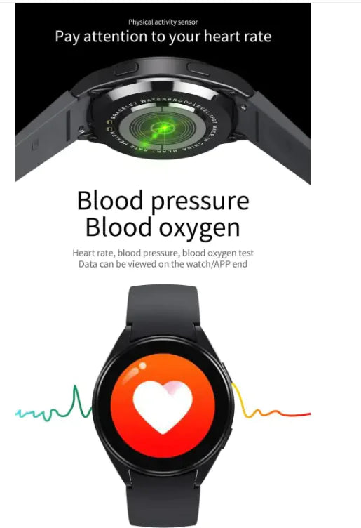 Smartwatch with heart rate and blood pressure sensors on a white background.