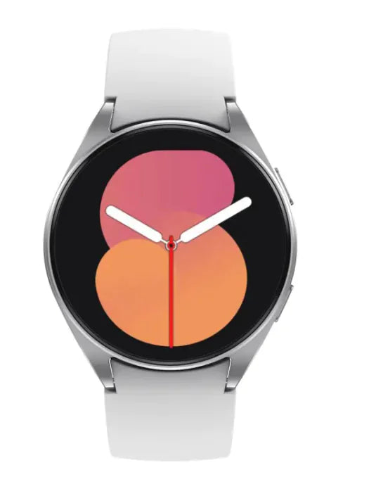 Smartwatch with a white band and colorful display on a white background
