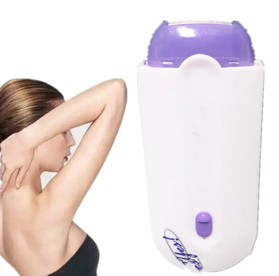 A woman lifting her arm to show underarm area, alongside a white laser hair removal device with a purple top.