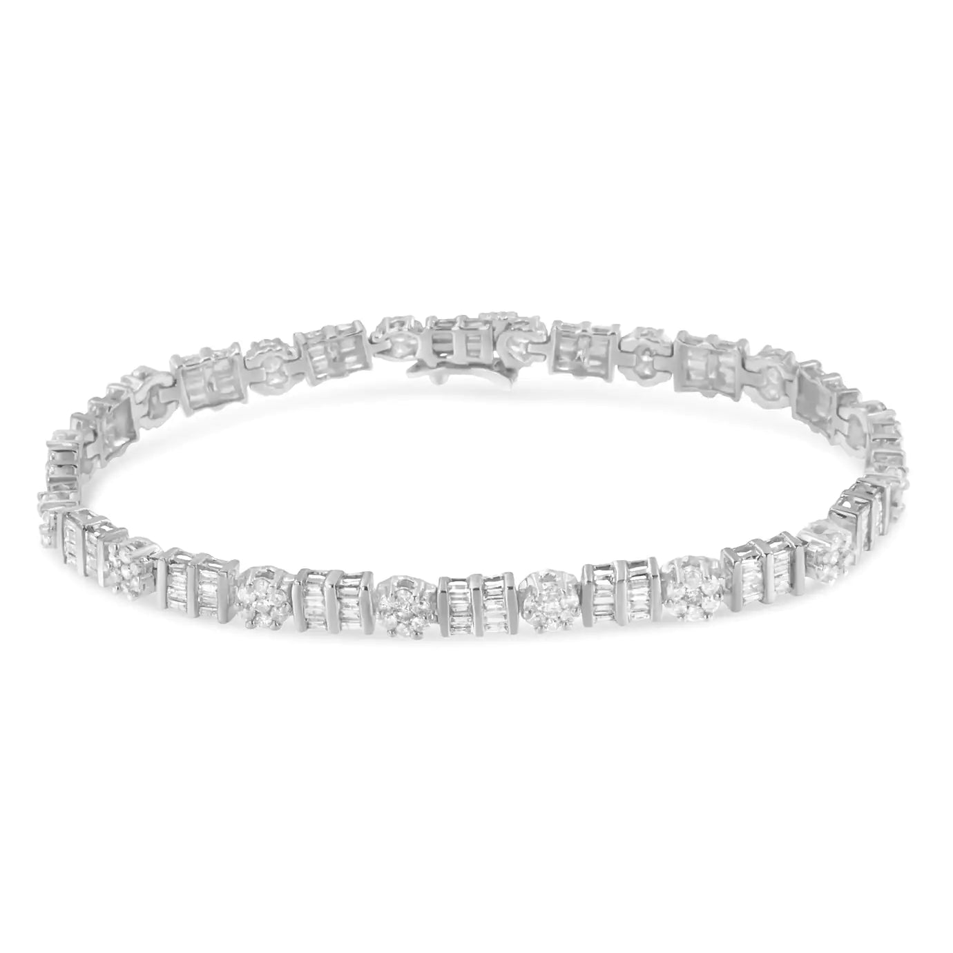 14K Gold 3-3/8 Cttw Round & Baguette-Cut Diamond Cluster Alternating Station 7" Tennis Bracelet (H-I Color, I1-I2 Clarity) WEM Support (www.WEM.support)
