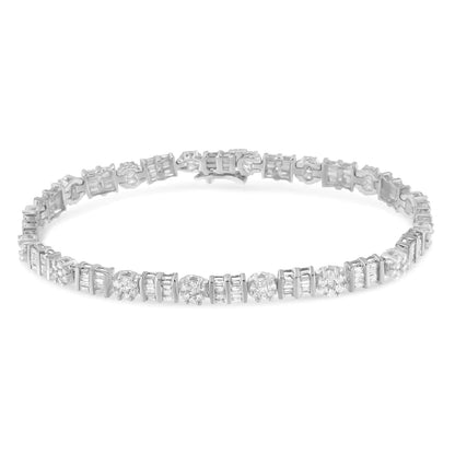 14K Gold 3-3/8 Cttw Round & Baguette-Cut Diamond Cluster Alternating Station 7" Tennis Bracelet (H-I Color, I1-I2 Clarity) WEM Support (www.WEM.support)