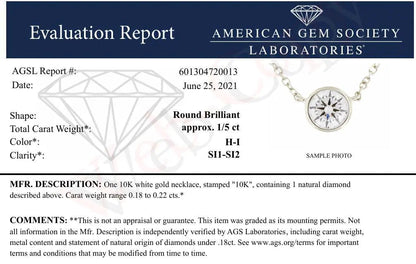 Colar com Pingente Solitário de Diamante Montado em Bisel de Ouro 10K Certificado pela AGS, Ajustável de 16 a 18 polegadas (Cor H-I, Clareza SI1-SI2) WEM Support (www.WEM.support)