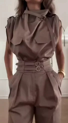 Waist-Slimming Belt Blouse & Pants