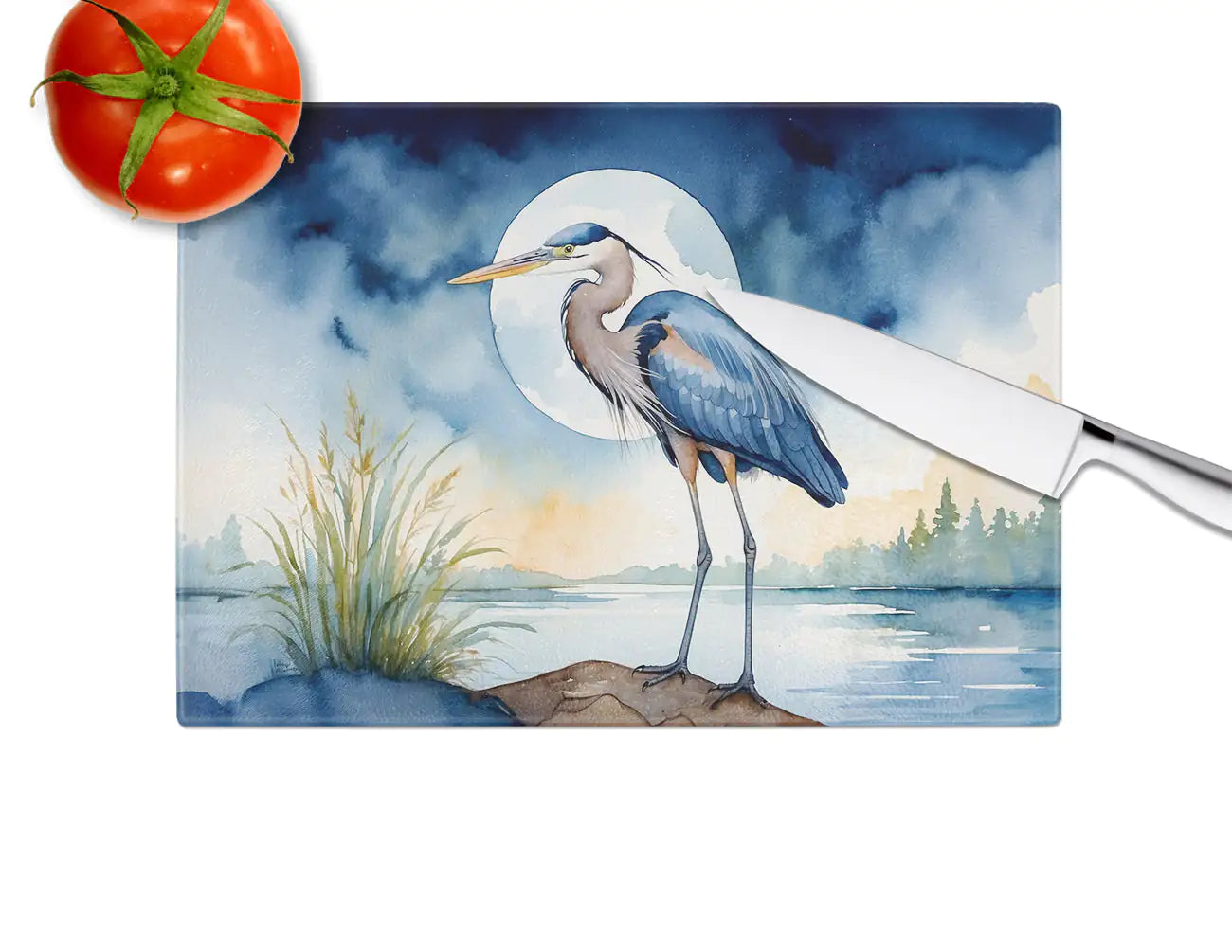 Blue Heron Under the Moonlight Glass Cutting Board WEM Support (www.WEM.support)