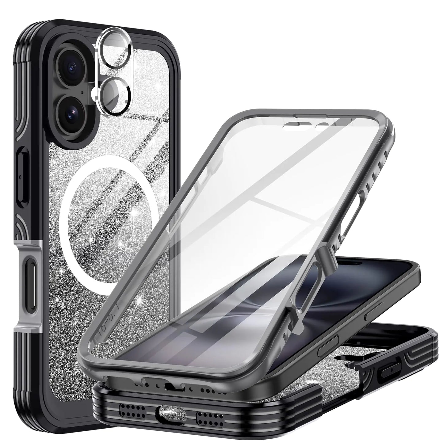 Hekodonk for iPhone 16 Plus Case,Compatible with Magsafe[Built-in 9H Tempered Glass Screen Protector & Camera Lens Protector] Full Body Shockproof Protective Women Girl Bling Case,Pink Glitter