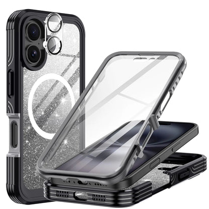 Hekodonk for iPhone 16 Plus Case,Compatible with Magsafe[Built-in 9H Tempered Glass Screen Protector & Camera Lens Protector] Full Body Shockproof Protective Women Girl Bling Case,Pink Glitter