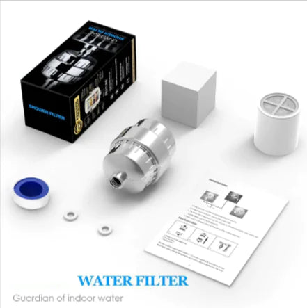 The image shows a water filter element along with its installation accessories, which include a box with the product packaging, a water filter cartridge, a wrench, a key, and a set of O-rings. A paper with installation instructions is also present.