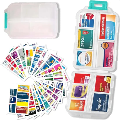 A blue 10-grid pill organizer storage container displayed alongside its labels which are neatly arranged in rows. The container has various compartments, and the labels are colorful with text and dosage information.