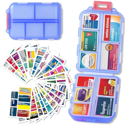A blue 10-grid pill organizer storage container displayed alongside its labels which are neatly arranged in rows. The container has various compartments, and the labels are colorful with text and dosage information.