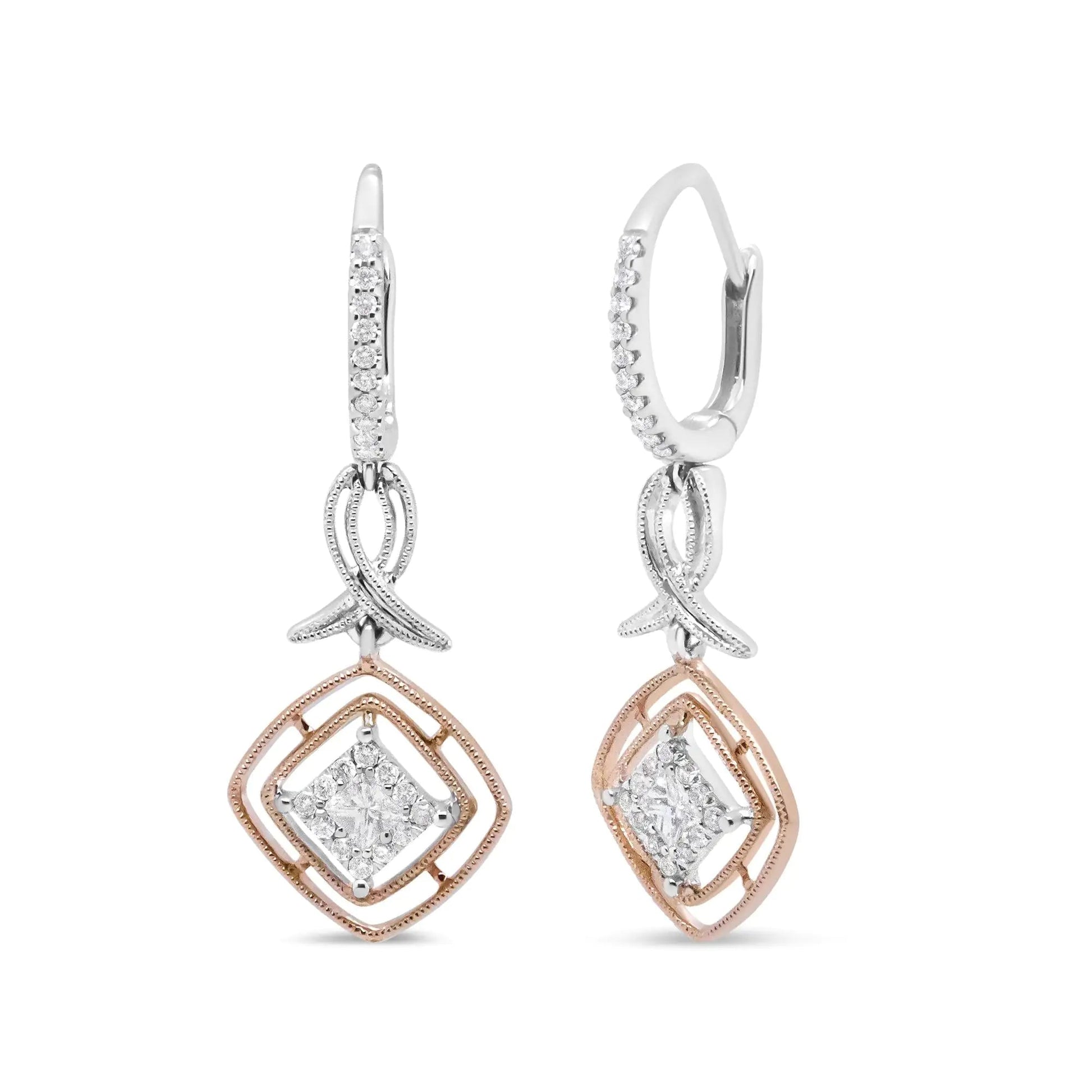 14K White and Rose Gold 1/2 Cttw Round and Princess-Cut Diamond Openwork Marquise Ribbon Dangle Earring (G-H Color, SI2-I1 Clarity) WEM Support (www.WEM.support)