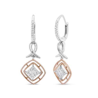 14K White and Rose Gold 1/2 Cttw Round and Princess-Cut Diamond Openwork Marquise Ribbon Dangle Earring (G-H Color, SI2-I1 Clarity) WEM Support (www.WEM.support)