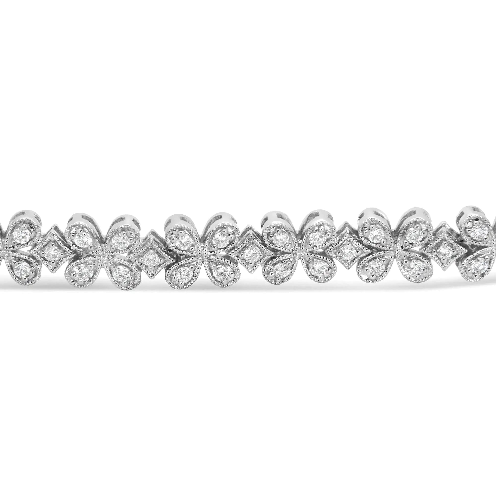 14K White Gold 1 1/2 Cttw Round Diamond Floral Clover-Shaped Link Bracelet (H-I Color, SI1-SI2 Clarity) - Size 7" WEM Support (www.WEM.support)