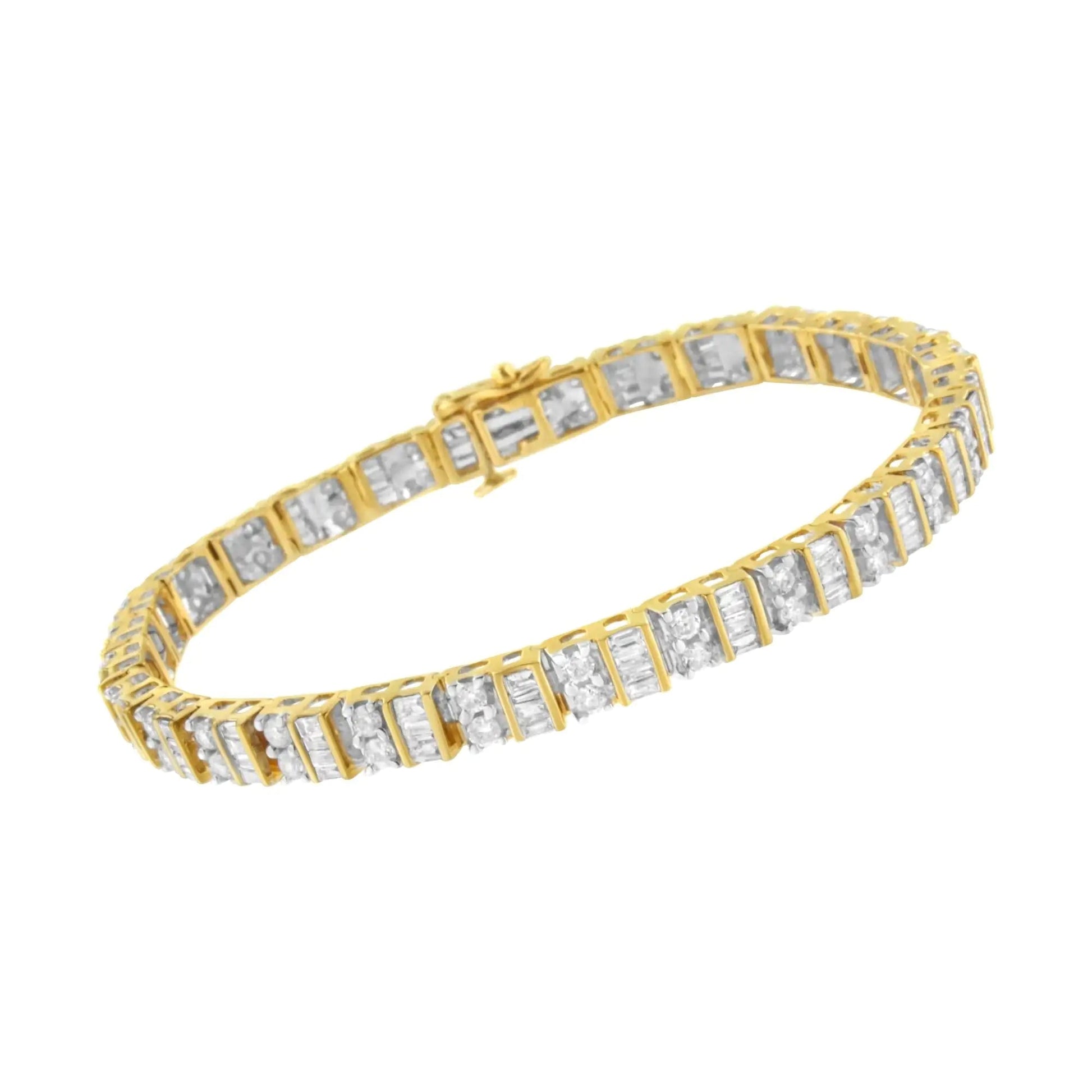10K Yellow Gold 4.0 Cttw Alternating Baguette & Round Cut Diamond Bezel- & Prong-Set 7" Tennis Bracelet (G-H Color, SI1-SI2 Clarity) WEM Support (www.WEM.support)