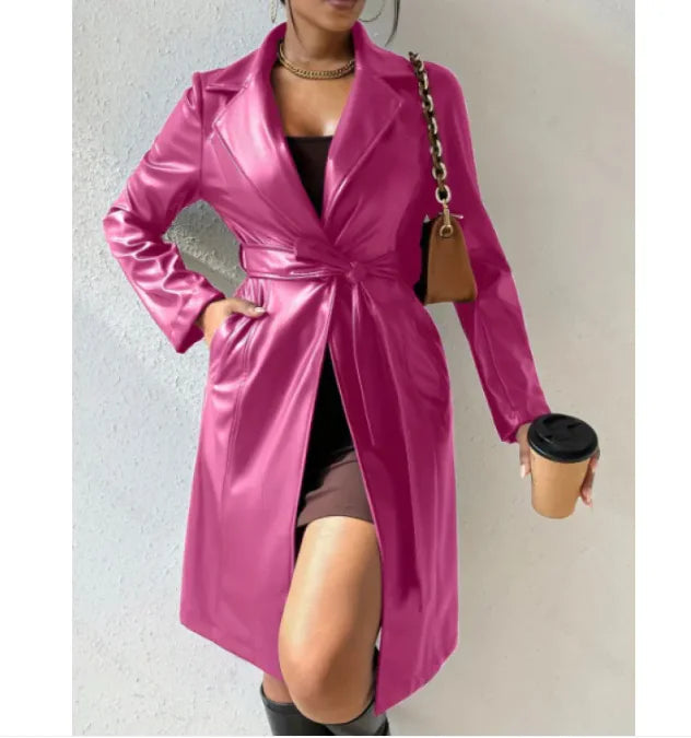 Women's Slim Fit PU Leather Trench Coat with Lapel Collar and Pockets WEM Support (www.WEM.support)