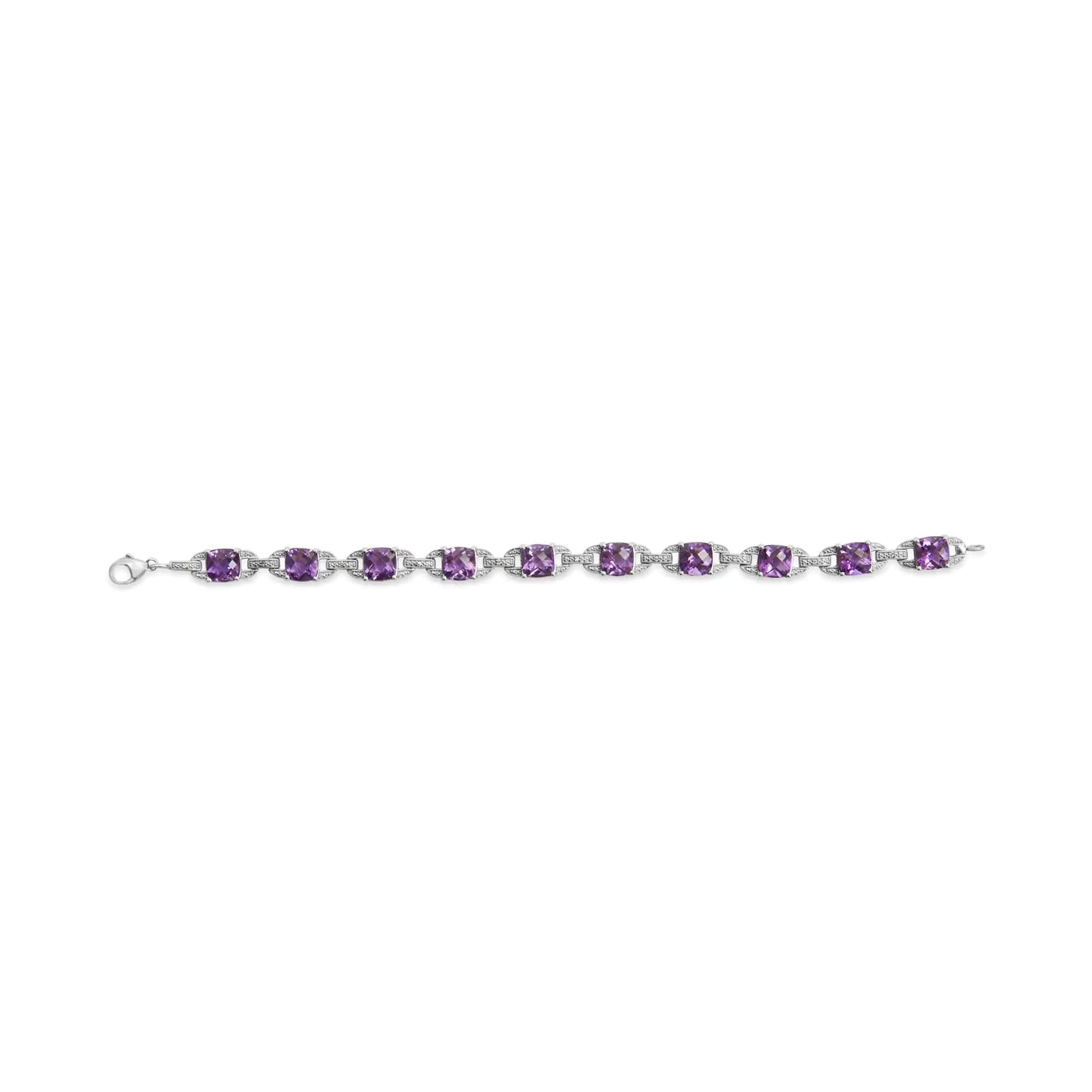 .925 Sterling Silver 7mm Cushion Cut Amethyst Gemstone and Diamond Tennis Link Bracelet (I-J Color, I1-I2 Clarity) - Size 7" WEM Support (www.WEM.support)