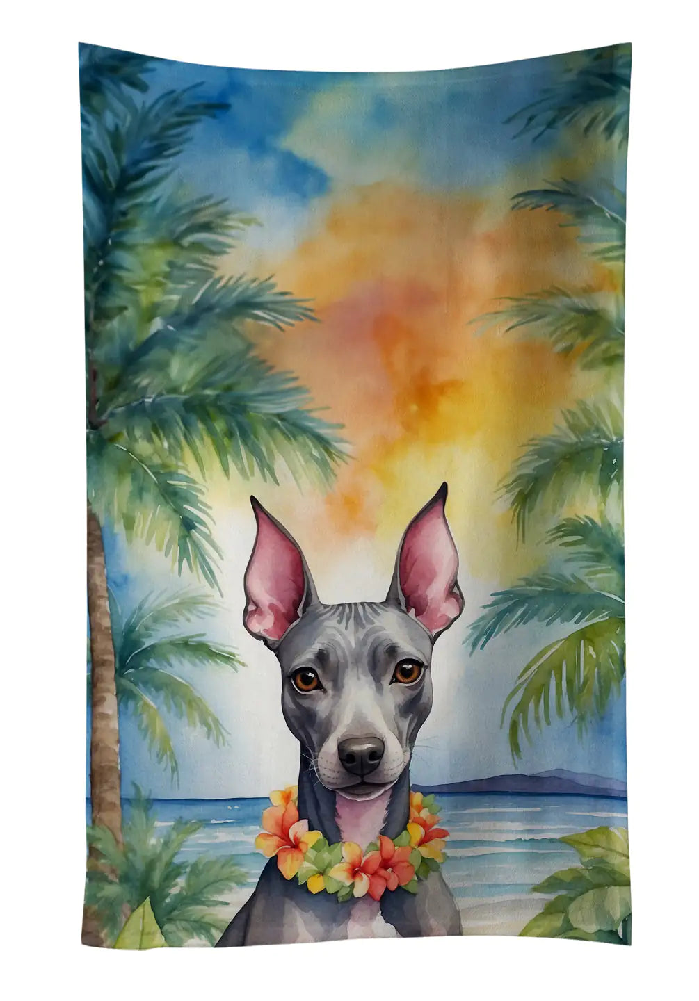 American Hairless Terrier Luau Kitchen Towel WEM Support (www.WEM.support)
