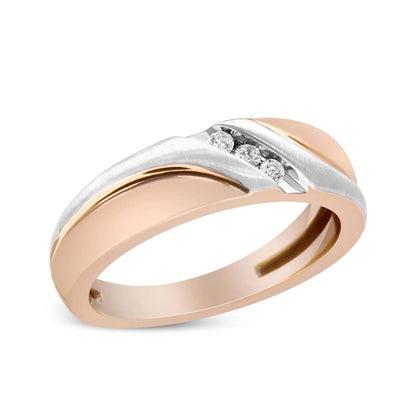 10K White and Rose Gold 1/10 Cttw 3-Stone Tension Slant Band Matte Finish Ring for Men (I-J Color, I2-I3 Clarity) WEM Support (www.WEM.support)