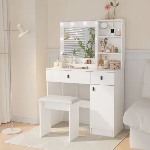 Vanity Desk With Lights, Vanity Set With Mirror, Makeup Vanity Desk With Large Drawers Three Level Storage Dreeser, VanitysVanities With 3 Lights Brightness Adjustable For Bedroom, White WEM Support (www.WEM.support)