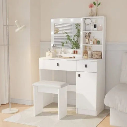 Vanity Desk With Lights, Vanity Set With Mirror, Makeup Vanity Desk With Large Drawers Three Level Storage Dreeser, VanitysVanities With 3 Lights Brightness Adjustable For Bedroom, White WEM Support (www.WEM.support)