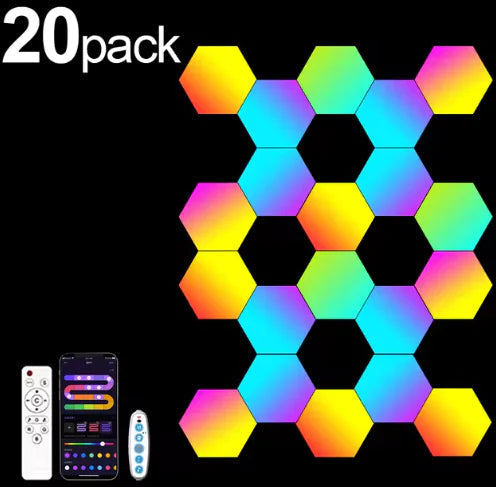 Lâmpada de Parede Hexagonal RGB Inteligente – Luz Ambiente com Mudança de Cores, Sincronização com Música e Controle por App WEM Support (www.WEM.support)