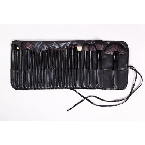 A set of 24 professional makeup brushes with black handles, displayed in an open case.